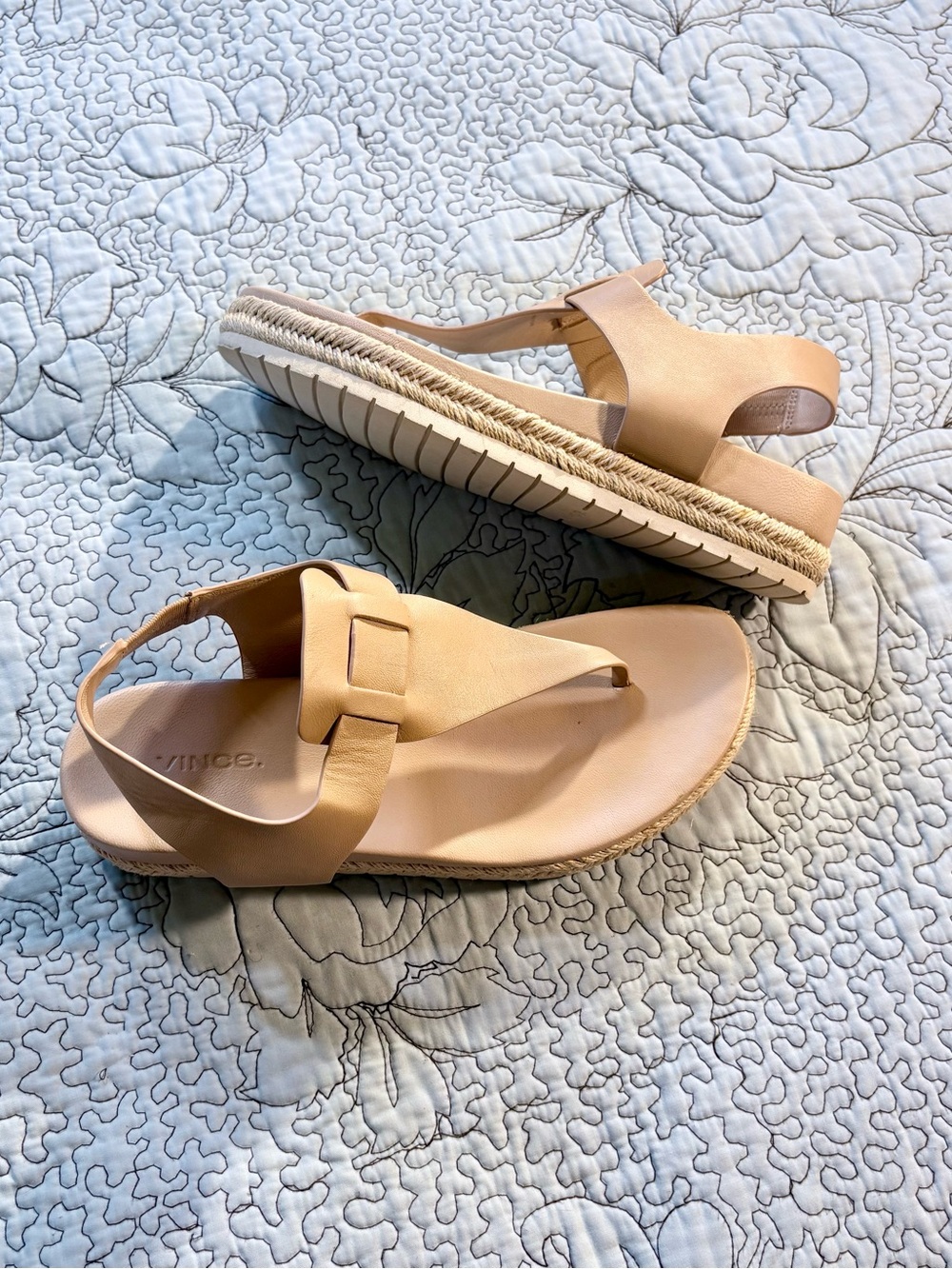 Vince Flint Beige Leather Espadrille Thong Sandals Slingback Platform 8.5🧡